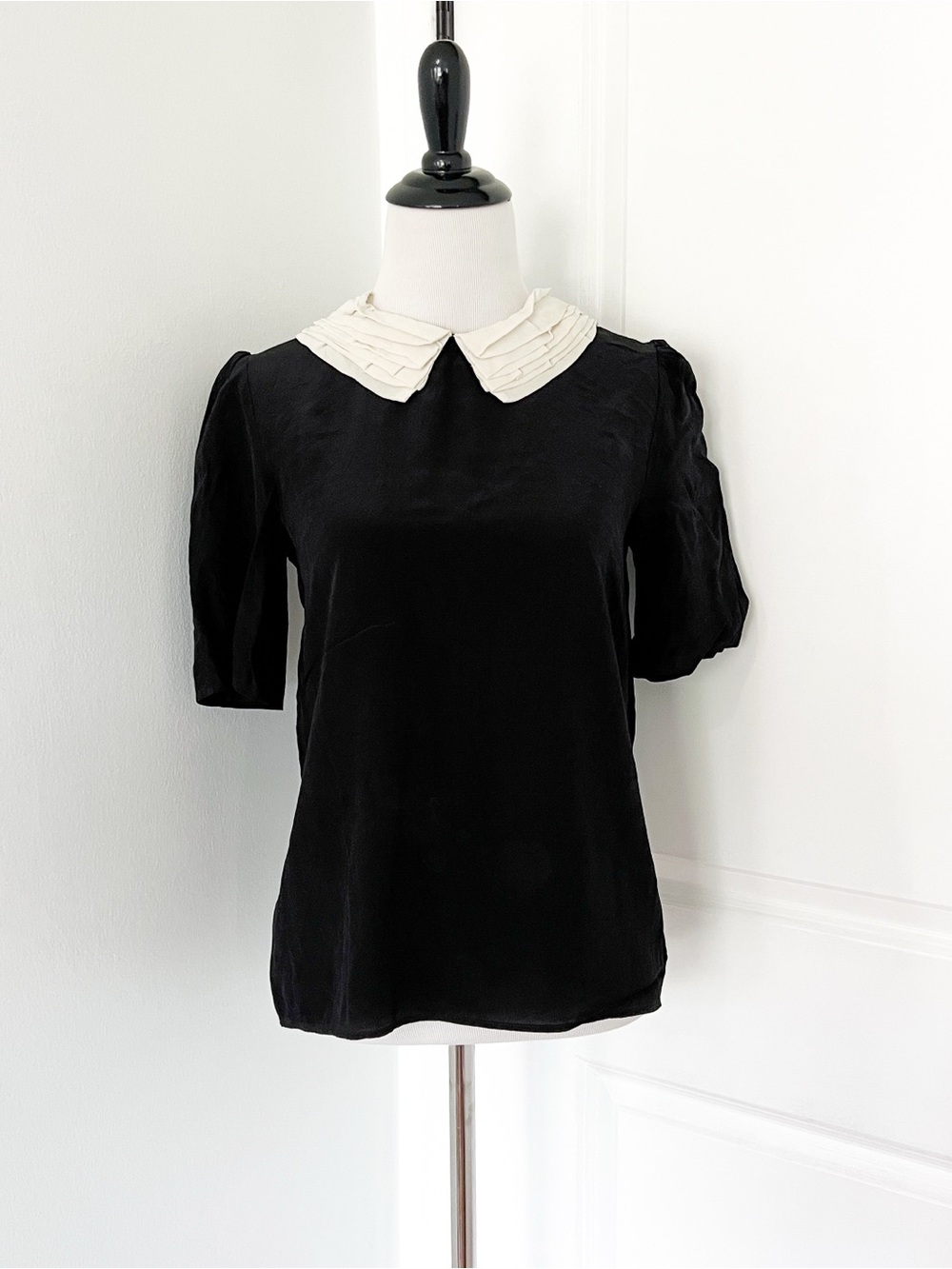 Sandro Silk Black Blouse with Cream Pleated Peter Pan Collar - Size 1